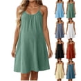 thumbnail image 1 of Ihhxva Cotton Linen Sleeveless Dress for Women Crew Neck Scoop Pleated Ruched Solid Color Stretchable Adjustable Waist Strap Shift Mid-Length Summer Loose Beach Vacation Party Sundress S-2XL, 1 of 9