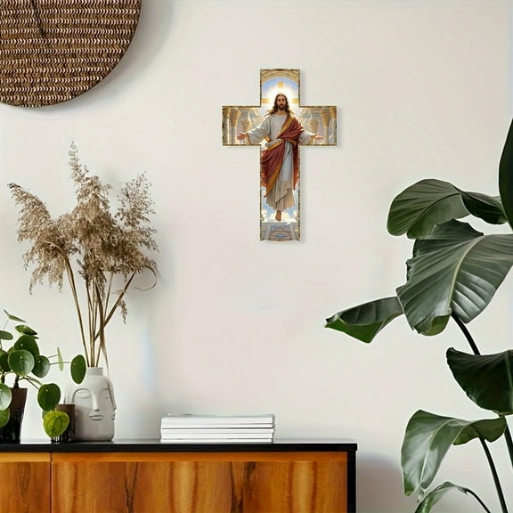 Ihhxva Cross Wooden Plaque, Gold Edged Crosses, Inspirational Decorative Hanging Sign for Wall Decor, Home Decor, Religious Decor, 1 Pc