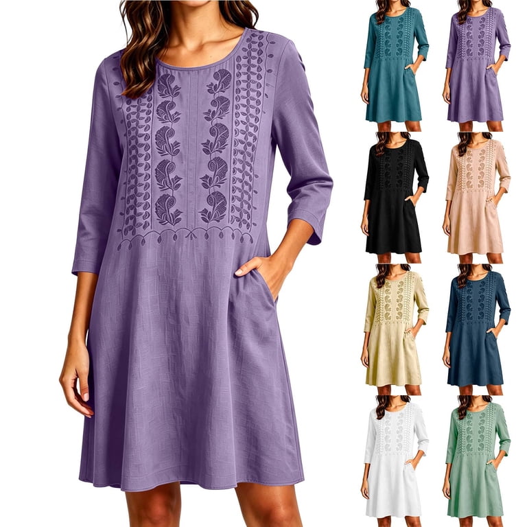 summer embroidered crew neck dress Ihhxva Dress for Women Crew Neck 3/4 Sleeve Length Relaxed Fit Embroidered  with Pockets Stretchable Summer Loose Exterior Pocket Embroidery Mini Shift