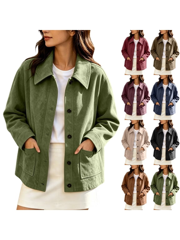 Jacket for Women Cropped Faux Suede Casual Utility Coat Relaxed Fit Long Sleeve Lapel with Pockets Inner Lining Versatile Everyday Wear S-3XL