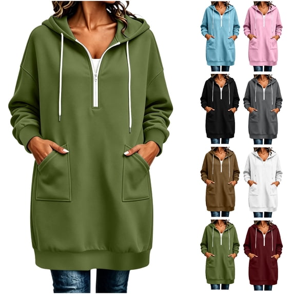 Ihhxva Jacket for Women Hooded Quarter Zip Oversized Winter Coat Long Sleeve with Large Pockets Cold Weather Layering S-2XL