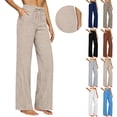 thumbnail image 1 of Ihhxva Linen Pants for Women Solid Color Elastic Waist Summer -Leg Full Length Flat Front Mid Rise Casual Beach Work Trousers S-3XL, 1 of 9