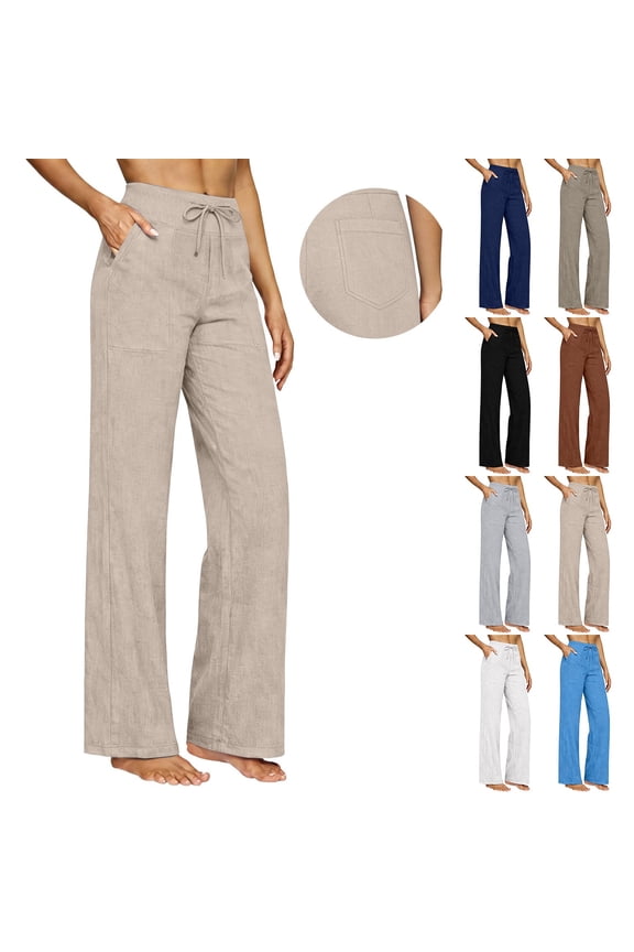Linen Pants for Women Solid Color Elastic Waist Summer -Leg Full Length Flat Front Mid Rise Casual Beach Work Trousers S-3XL