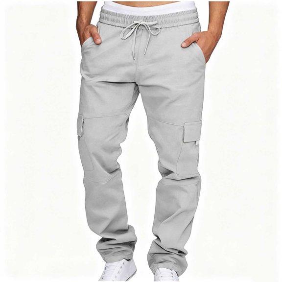 Ihhxva Men's Elastic Waist Pants Solid Color Straight Leg Multi-Pockets Casual Work Trousers Daily Wear Stretchable Adjustable Waist Slacks - Gray L
