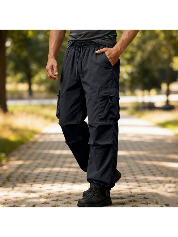 Men's Quick Dry Cooling Pants Elastic Waist Straight Leg Multi-Pockets Cargo Trousers Solid Color Upf 50+ Uv Protection Outdoor Work Hiking Slacks - Black M