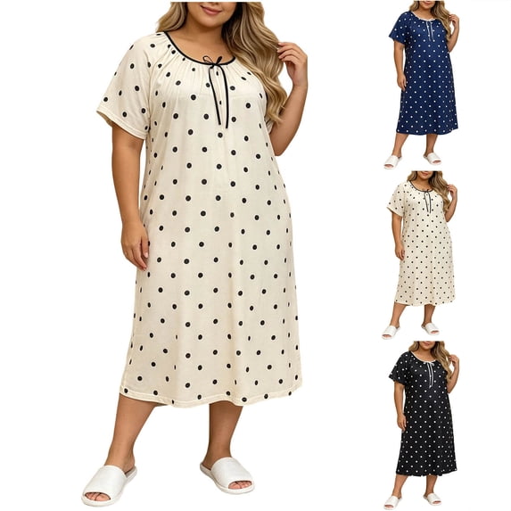 Ihhxva Nightgown for Women Tie Neck Polka Dot Plus Size Sleep Dress Soft Casual Nightwear Relaxing at Home L-4XL