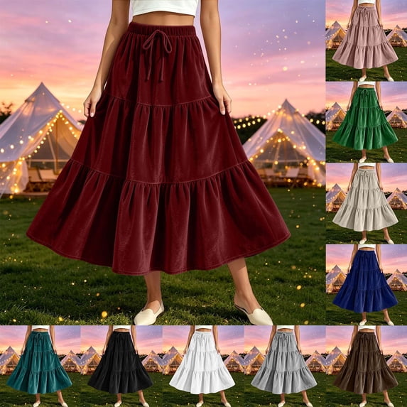 Ihhxva Pleated Skirt for Women Velvet Tiered Long Drawstring Maxi Elastic Waist Winter Holiday Gathering S-2XL