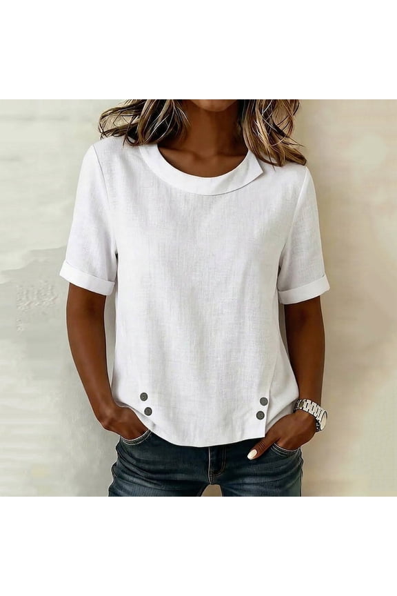 Plus Size Linen Tops for Women Cotton Blouse Loose Fit Summer Casual Buttoned Top V-Neck Flowy Tunic Blouson Shirt Beach Holiday S-2XL