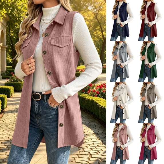 Ihhxva Plus Size Puffer Vest for Women Button-Up Sleeveless Cardigan Waffle Lapel Button Front Design with Pockets Casual Retro Layering Piece S-2XL