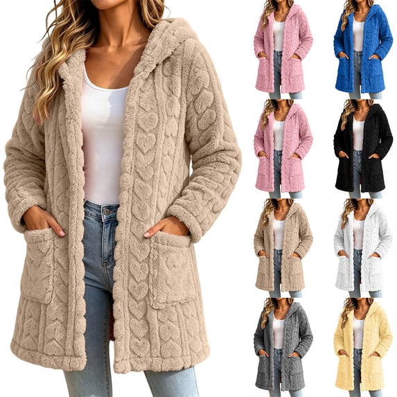 Ihhxva Plus Size Women's Cardigan Sweater Hooded Warm Winter Coat Loose Fit Multi-Pockets Long Sleeve Cozy Casual Cold Weather Outings S-2XL
