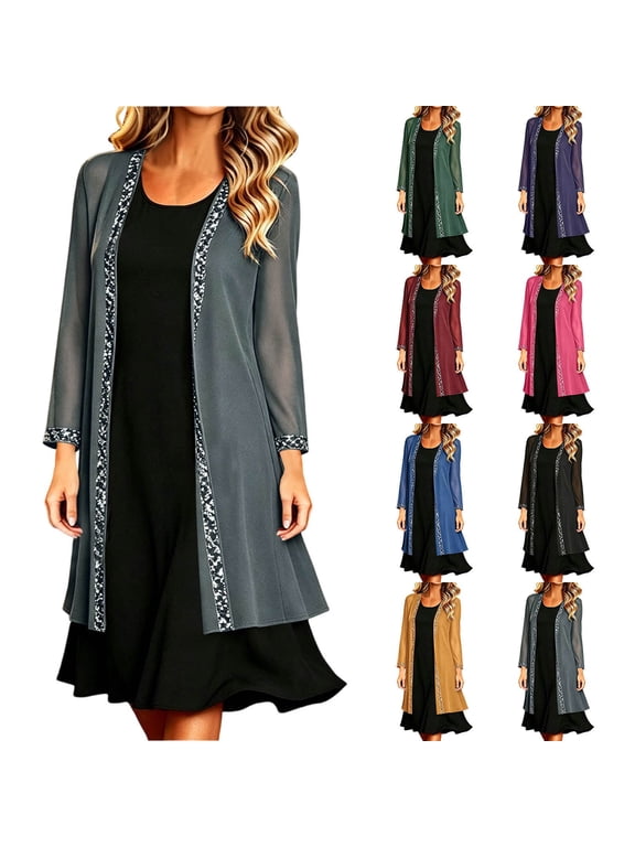 Plus Size Women's Chiffon Cardigan with Sequin Trim, Long Sleeve Open Front Evening Cover Up, Elegant Dressy Jacket for Party and Cocktail, S - 3XL