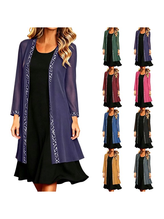 Plus Size Women's Chiffon Cardigan, Sequin Trim Open Front Long Sleeve Evening Cover Up, Dressy Party Cocktail Formal Layering S - 3XL