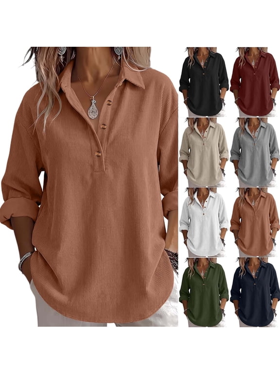 Plus Size Women's Corduroy Tops Long Sleeve Collared Button up Blouse Loose Fit Casual Winter Shirt with Pockets S-2XL