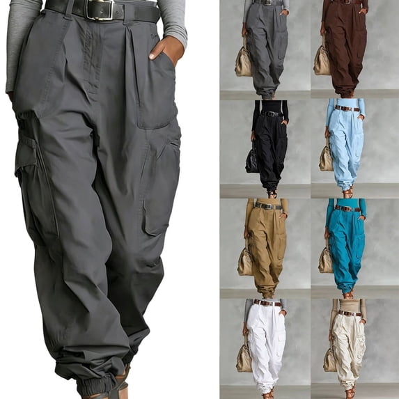 Ihhxva Plus Size Women's High Waisted Wide Leg Cargo Pants with Pockets, Loose Fit Full Length Solid Casual Trousers S - 2XL