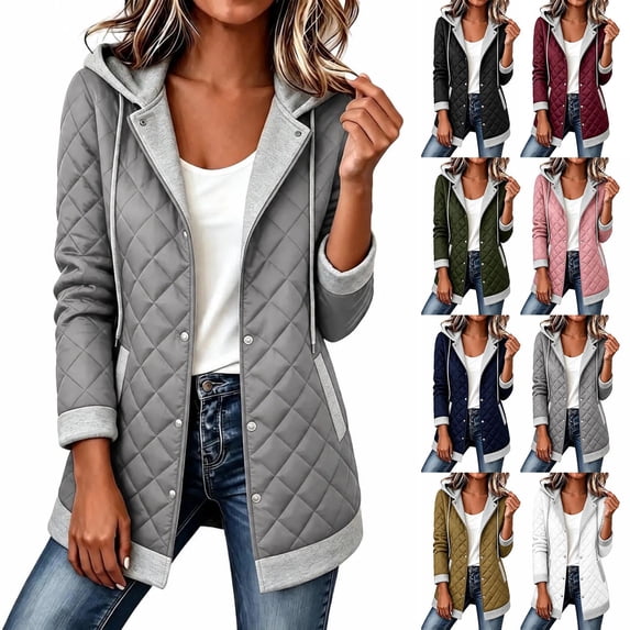 Ihhxva Plus Size Women's Hooded Quilted Jacket, Snap Front Mid-Length Coat with Detachable Hood and Pockets, Long Sleeve Casual Outerwear S - 3XL