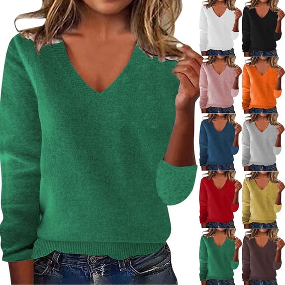 Ihhxva Plus Size Women's Knit V-Neck Sweater Soft Cotton Fit Solid Color Pullover Top Casual Lightweight Long Sleeve Cozy Winter Layering Staple XL-5XL