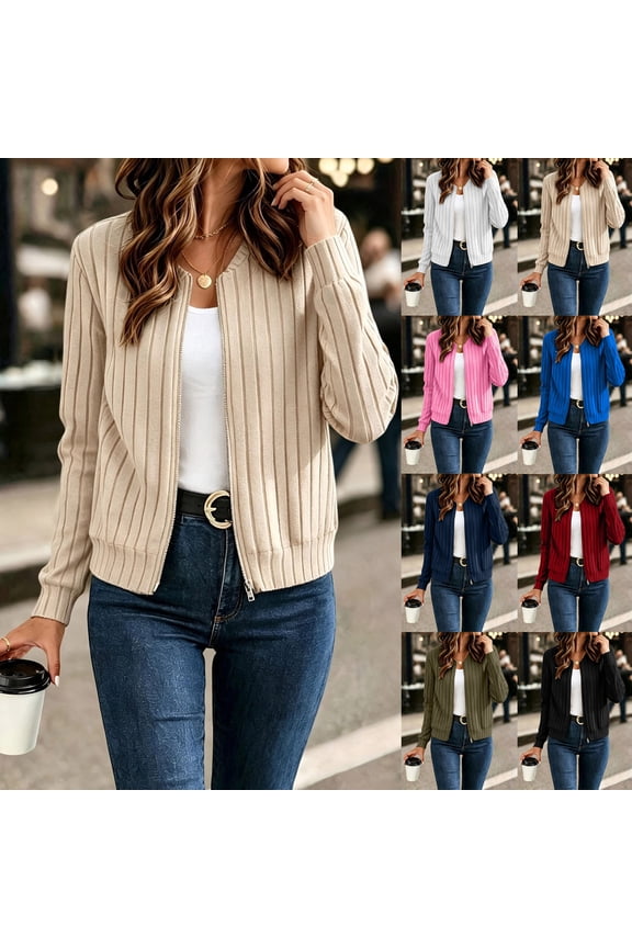Plus Size Women's Ribbed Zip-Up Jacket Slim Fit Stretch Casual Long Sleeve Bomber Soft Knit Everyday Wear Lightweight Layering Piece S-2XL