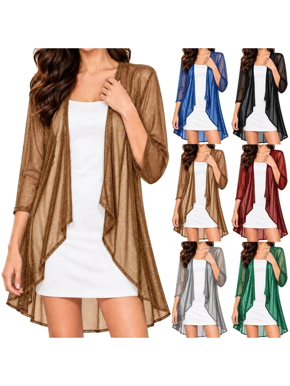 Plus Size Women's Sparkly Long Duster Cardigan, 3/4 Sleeve Open Front Kimono Cover Up, Dressy Outerwear for Evening Party Cocktail Dresses, S - 3XL