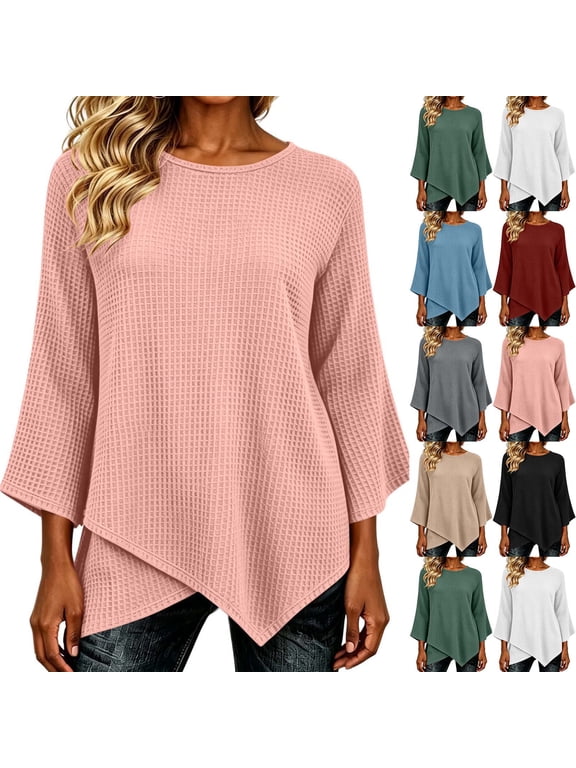 Plus Size Women's Tops Waffle Blouse Loose Fit 3/4 Sleeve Asymmetrical Hem Dolman Casual Shirt for Office Wear S-2XL