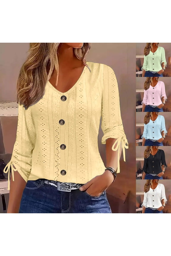 Plus Size Women's V-Neck Eyelet Blouse Fit Button Detail Breathable Tie Sleeve Top Casual Summer Flowy A-Line Cotton Blouson Style for Work or Weekend S-2XL