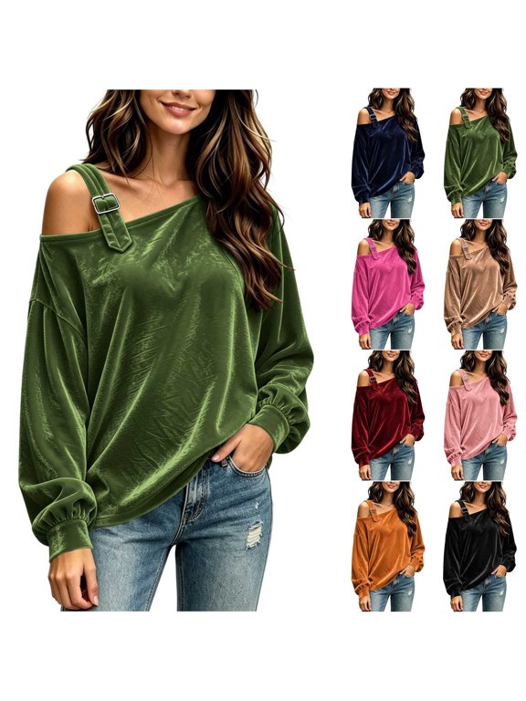 Plus Size Women's Velvet Off Shoulder Top, Long Sleeve Oversized Pullover with Adjustable Strap, Stretch Casual Going Out Shirt S - 2XL