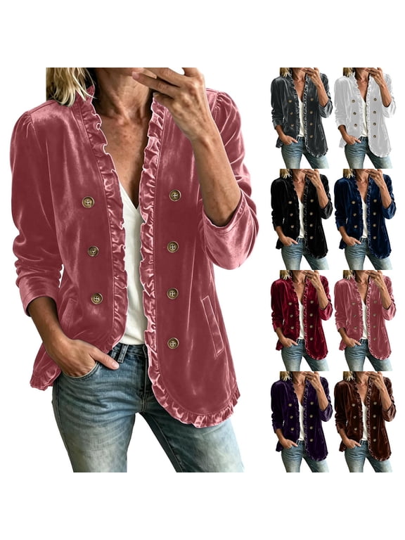 Plus Size Women's Velvet Ruffle Jacket with Pockets, Puff Sleeve Double Button Open Front Relaxed Mid-Length Casual Work Outerwear, S - 3XL