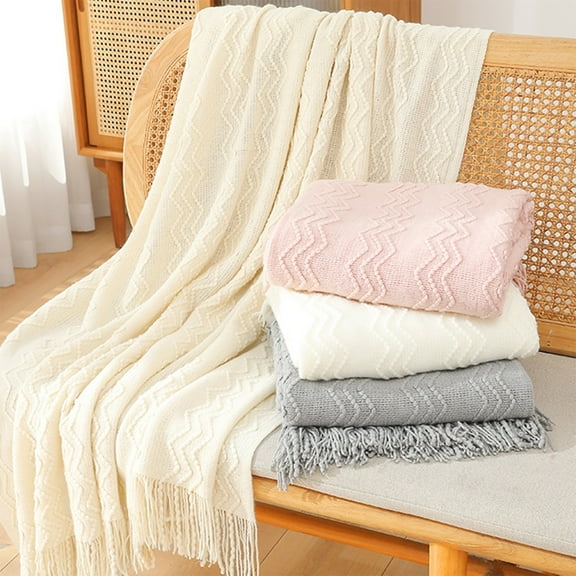 Ihhxva Solid Color Tassel Knitted Throw Blanket, Beige, for Sofa Lounging, Bed Runner, and Decorative Accent, 1 Pc