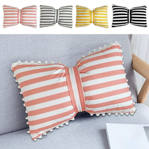 Ihhxva Striped Throw Pillow with Bow and Pom-poms, Lumbar Cushion for Living Room, Bedroom, Workspace, 1 Pc