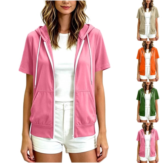 Ihhxva Tops for Women Hooded Zip-Up Top Short Sleeve Casual Sporty Hoodie with Front Pockets Daily Vacation S-2XL S-2XL