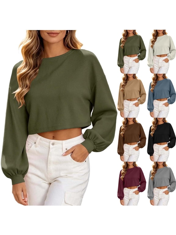 Tops for Women Long Sleeve Crop Top Blouse Corduroy Blouson Casual Outing Vacation Wear S-2XL S-2XL