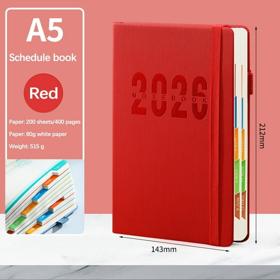 Ihhxva Weekly Planner Notebook Hardcover 2026 Calendar with Monthly Tabs, Thick Paper, Daily Planner for Workspace, Institute, Personal Use, Red, 1 Pc