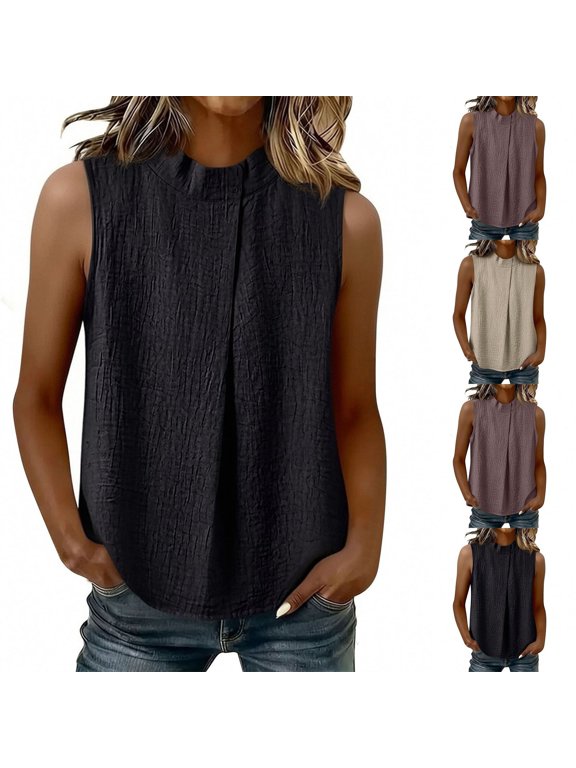 Women Cotton Tank Top Linen Sleeveless Loose Fit Oversized Mock Neck Casual Summer Blouse Flowy A-Line Solid Color Breathable M-2XL