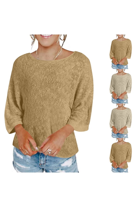 Women Cotton Tops Oversized Knit Top Soft Knitting 3/4 Dolman Sleeves Loose Boho Sweater Casual Chic Tunic Blouse for Fall Winter S-3XL