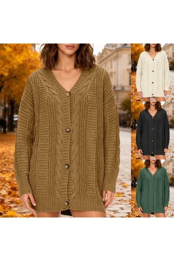 Women Knit Cardigan Sweater Oversized Cable with Button Detail down Dress Long Sleeve Cozy Winter Casual Loose Fit Open Front Chunky Yarn S-XL