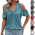 thumbnail image 1 of Ihhxva Women Oversized Tops Loose Fit Summer Cold Shoulder Blouse V-Neck Flutter Sleeve Top Casual Flowy Tunic Blouson Cotton Lightweight S-2XL, 1 of 9