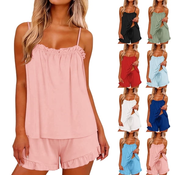 Ihhxva Women's 2 Piece Pajama Set, Ruched V Neck Sleeveless Sleep Top and Shorts, Relaxed Fit Casual Lounge Set S - 2XL