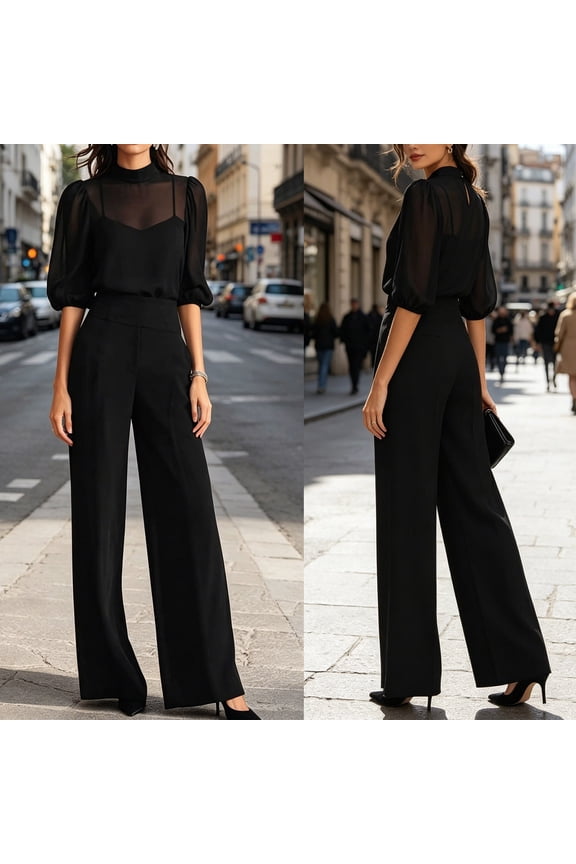 Women's 3 Piece Outfits 3/4 Sleeve Length Wide Leg High Waist Elastic Stretchable Moisture-Wicking Summer Ventilated Wide-Leg Palazzo Full Lounge Casual Vacation Outfit Sets XS-3XL