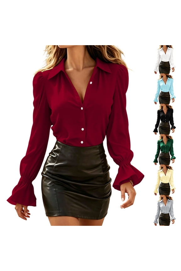 Women's Black Puff Sleeve Blouse Tailored V-Neck Shirt Flowy Fit Casual Office Work Date Night Crepe Elegant Top S-3XL