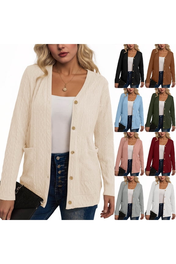 Women's Cable Knit Cardigan Button Front Sweater Coat with Pockets Fit Long Length Chunky Casual Winter Outerwear S-2XL
