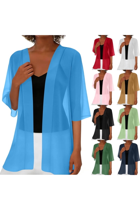 Women's Chiffon Tops Lightweight Loose Fit Duster Cardigan Flowy Open Front Blouse Casual Beach Summer Layering Sheer Long Sleeve S-2XL