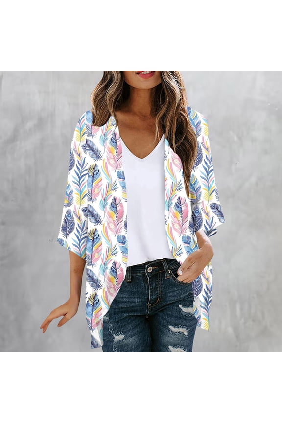 Women's Chiffon Tops Loose Fit Lightweight Feather Print Kimono Boho Cardigan Open Flowy Beach Cover up Summer Casual Vacation S-2XL