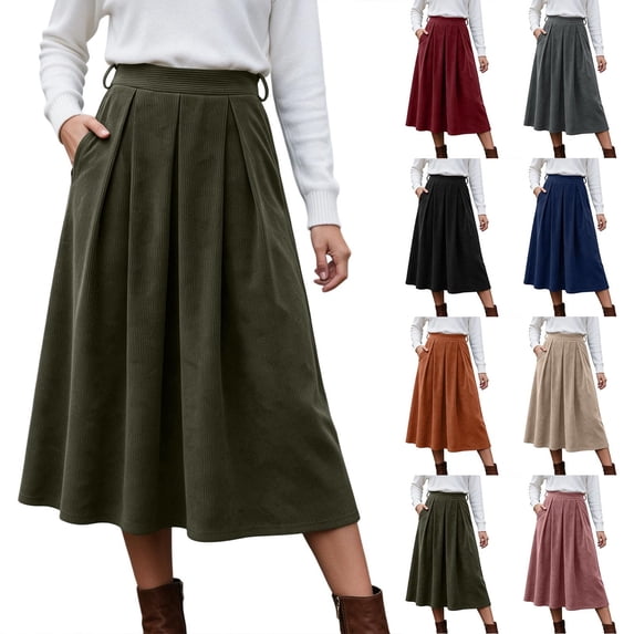Ihhxva Women's Corduroy Midi Skirt, High Waist Pleated A-Line Skirt with Elastic Waist and Side Pockets for Casual Wear S - 3XL