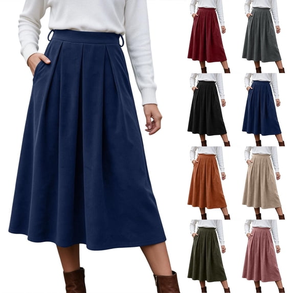 Ihhxva Women's Corduroy Midi Skirt, High Waist Pleated A-Line Skirt with Elastic Waist and Side Pockets for Casual Wear S - 3XL