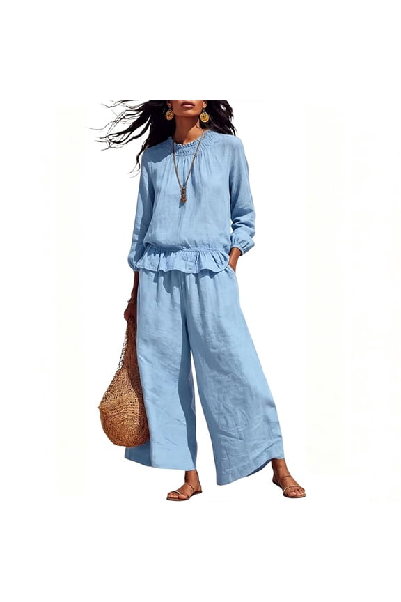 Women's Cotton Linen 2 Piece Outfits Beach Vacation High Waisted Wide Leg Peplum Set Flowy Summer Casual Romper S-3XL