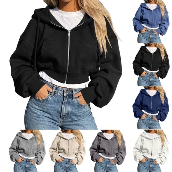 Ihhxva Women's Cropped Zip Up Hoodie with Pockets, Long Puff Sleeve Hooded Sweatshirt, Solid Casual Athleisure Crop Jacket S - 2XL