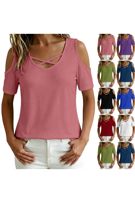 Women's Fit Cold Shoulder Top Crisscross V-Neck Blouse Casual Summer Flowy A-Line Tunic with Short Sleeves and Ruffle Hem S-2XL