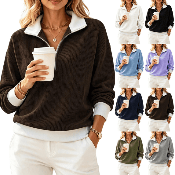 Drop Fit Ihhxva Women's Half Zip Top, Waffle Knit Color Block Long Sleeve ...