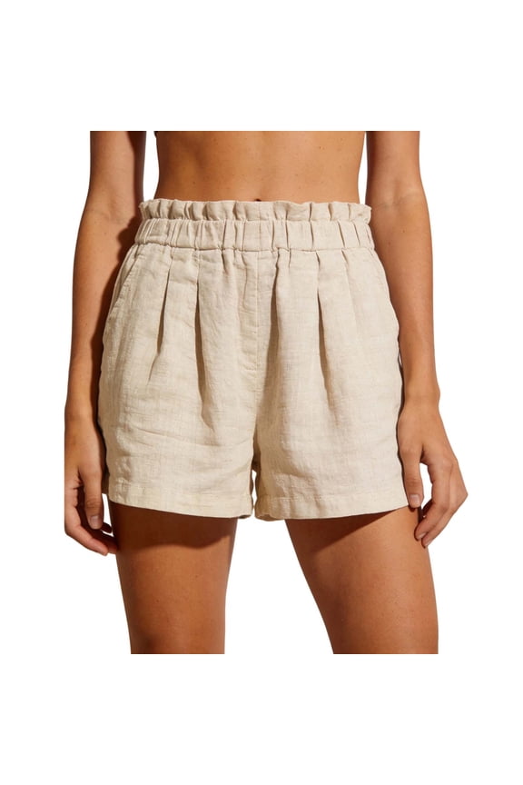 Women's High Waisted Shorts Elastic Waist with Pockets Pleated Solid Color Summer Casual Bermuda Shorts for Women - Beige L