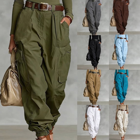 Ihhxva Women's High Waisted Wide Leg Cargo Pants Stretch Multi-Pockets Belted Summer Casual Work Daily Wear S-2XL