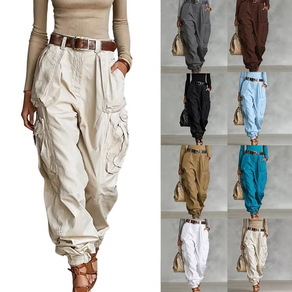 Ihhxva Women's High Waisted Wide Leg Cargo Pants with Pockets, Loose Fit Full Length Solid Casual Trousers S - 2XL